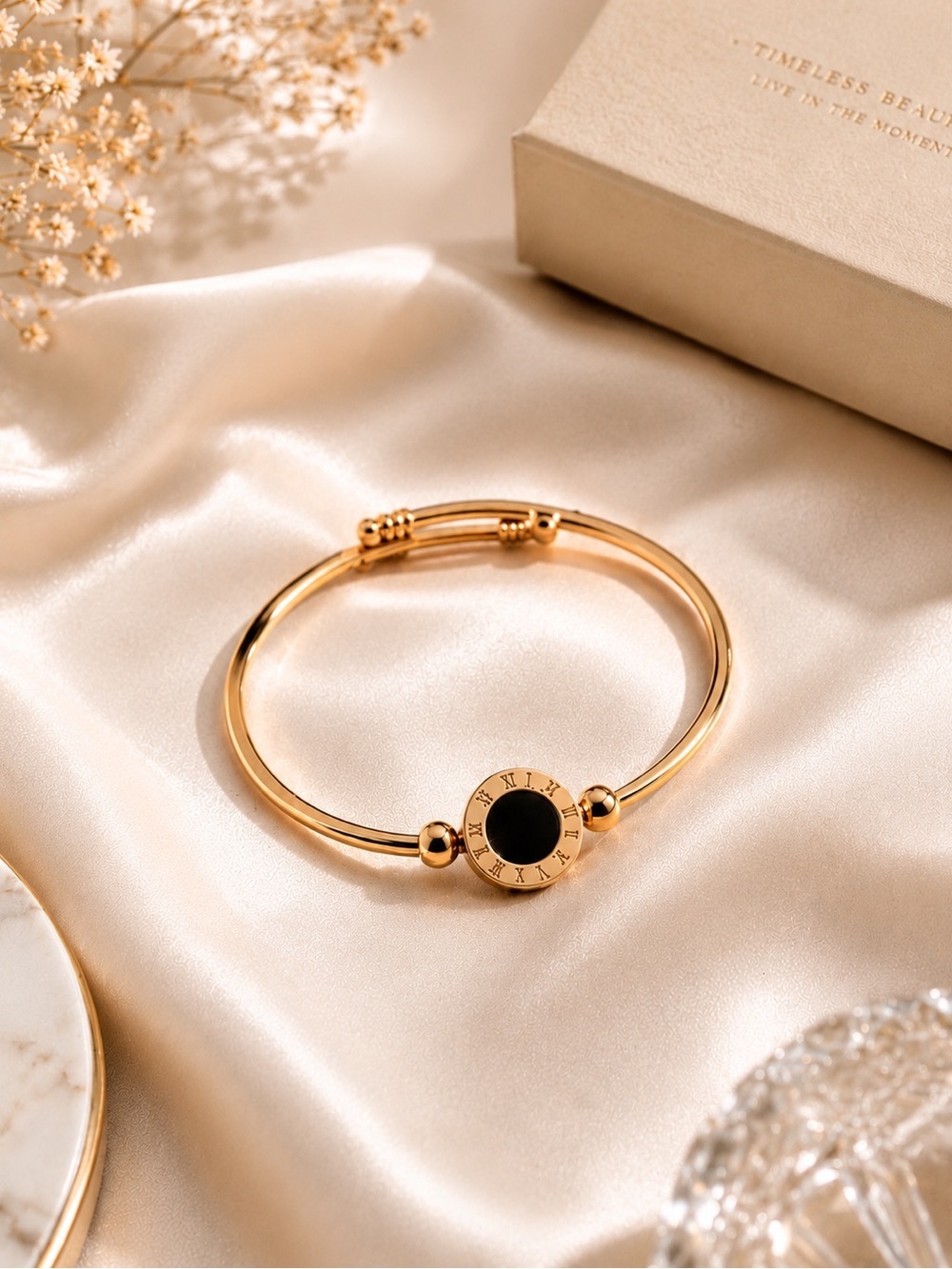 Gold Roman Numeral Black Circle Bangle Bracelet